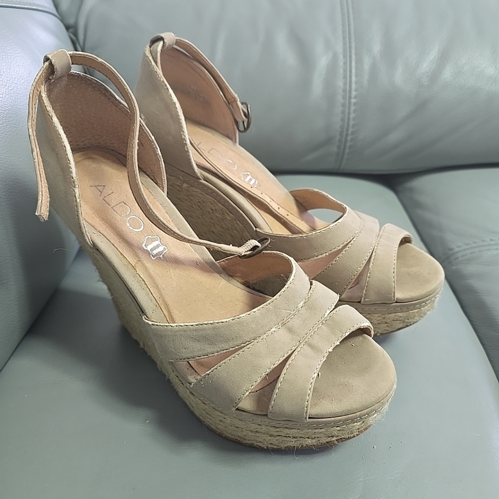 Aldo Suede Espadrille Wedge Tan Strap Womens Size‎ US 6 EU 36
